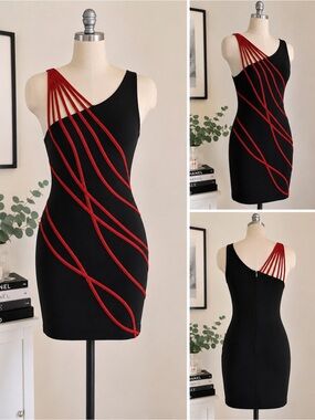 Cache One Shoulder Bodycon Dress Black Red Strappy Cocktail Mini Dress Y2K